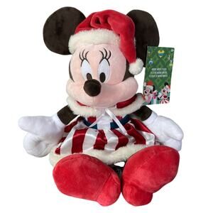 Disney Minnie Mouse Christmas Plush 2023 Holiday Red Striped‎ Dress Santa Hat